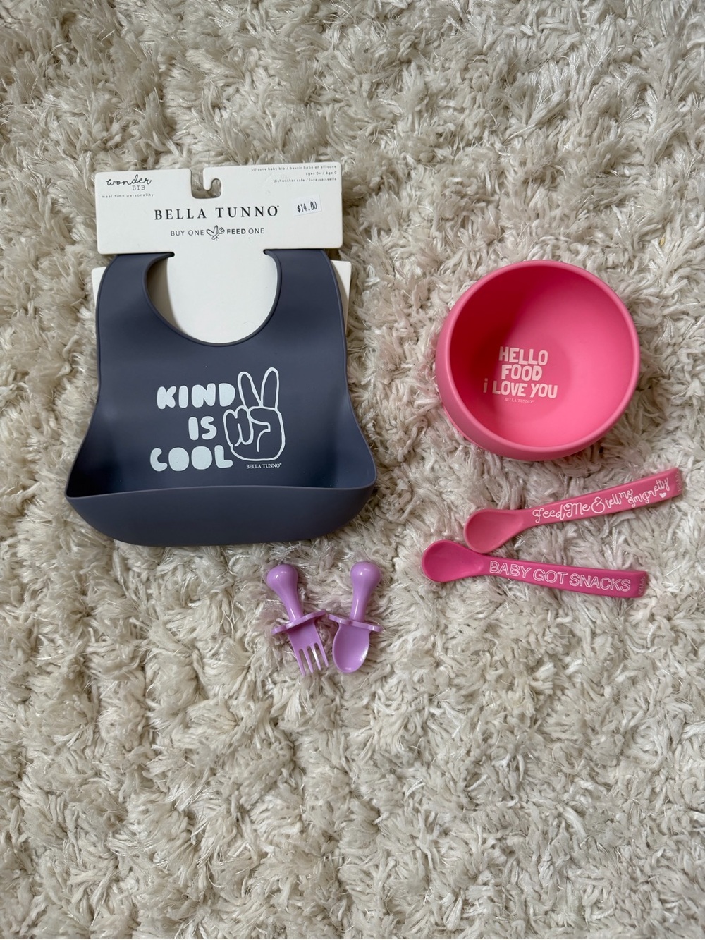 Bella Tunno Kids Silicone Bib in Charcoal w/Kind Is Cool' & Suction Bowl Lot